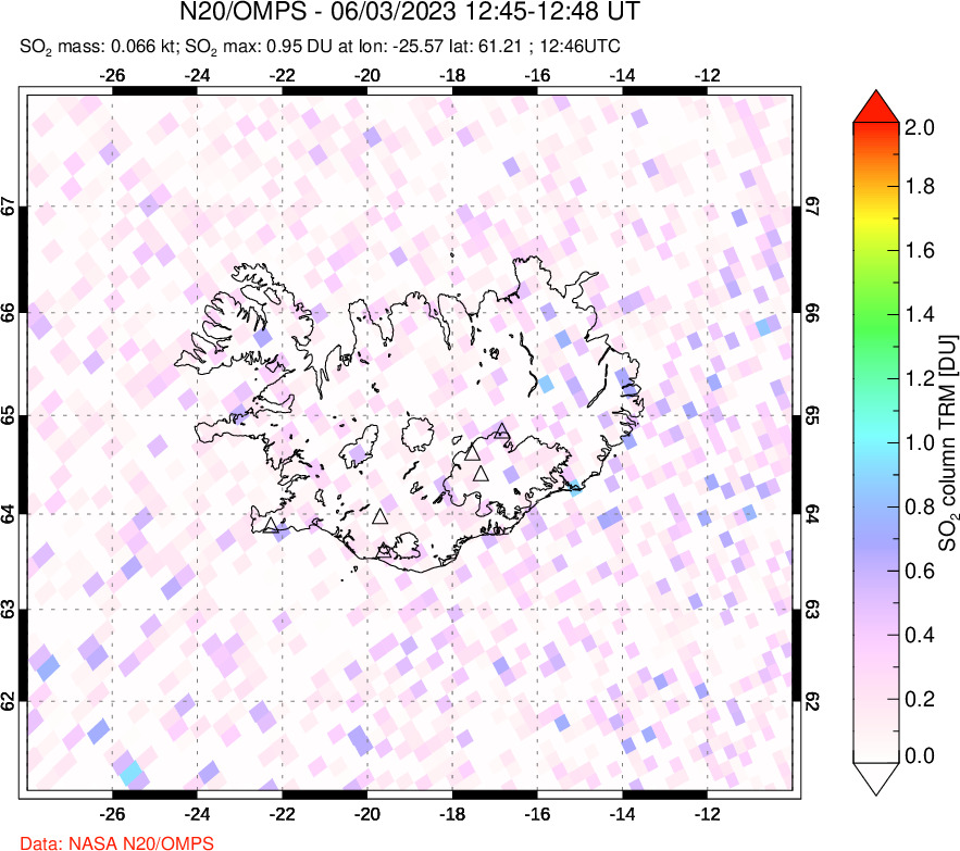 A sulfur dioxide image over Iceland on Jun 03, 2023.