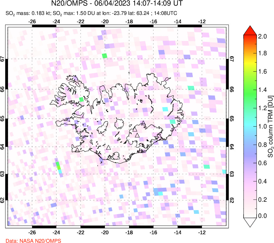 A sulfur dioxide image over Iceland on Jun 04, 2023.