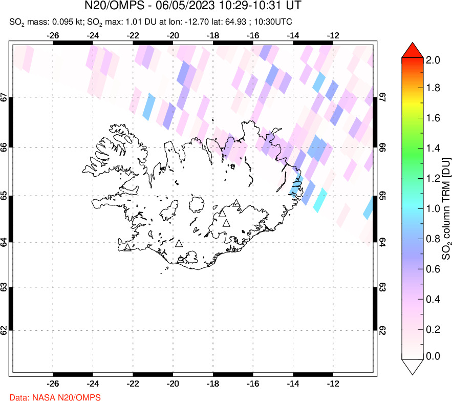 A sulfur dioxide image over Iceland on Jun 05, 2023.