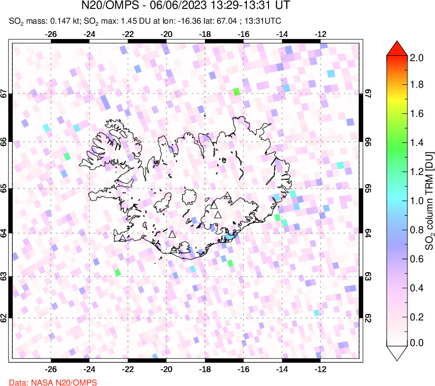 A sulfur dioxide image over Iceland on Jun 06, 2023.