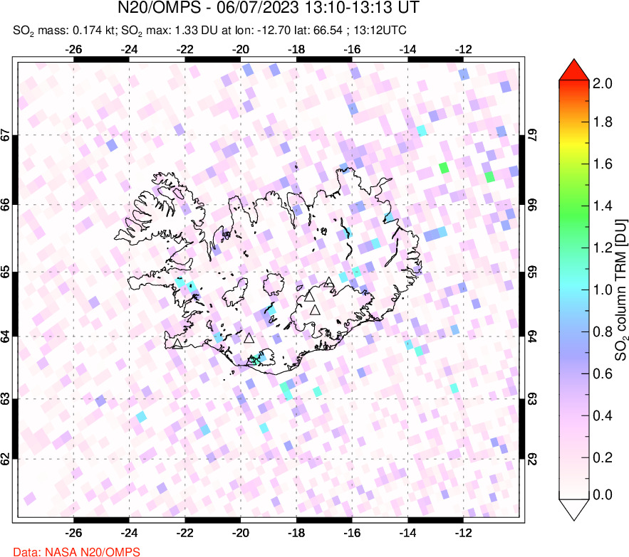 A sulfur dioxide image over Iceland on Jun 07, 2023.