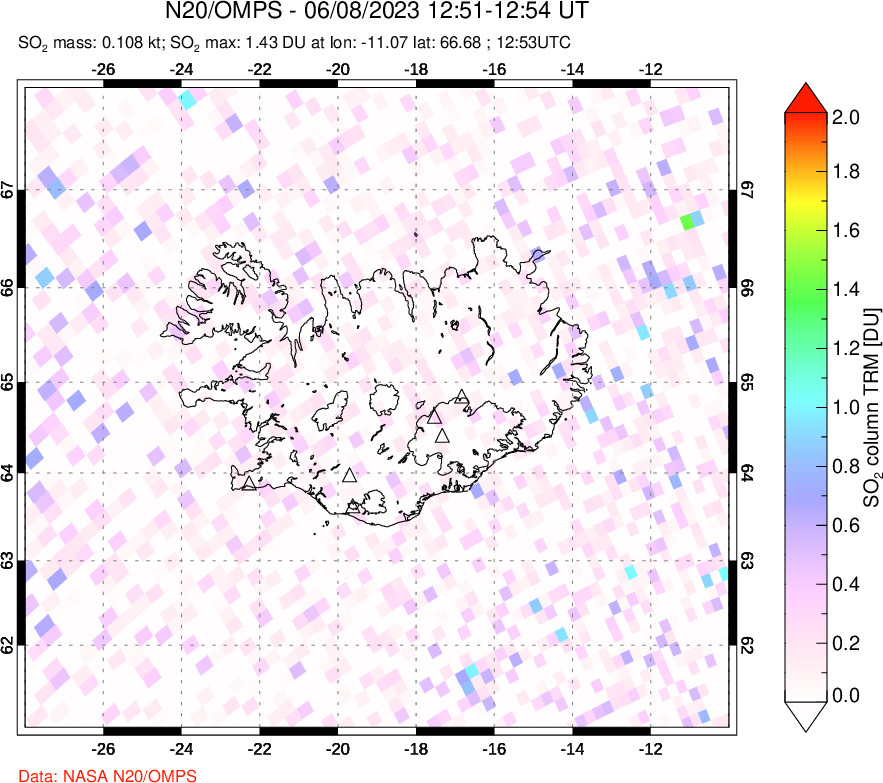 A sulfur dioxide image over Iceland on Jun 08, 2023.