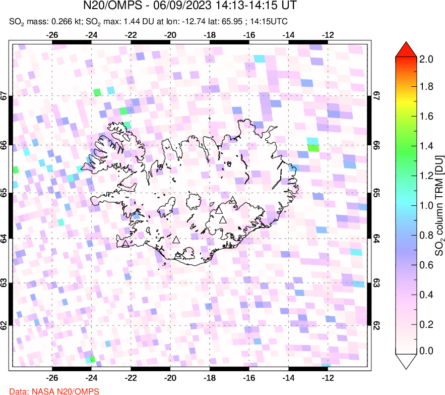 A sulfur dioxide image over Iceland on Jun 09, 2023.