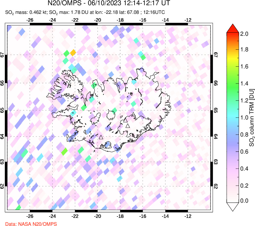 A sulfur dioxide image over Iceland on Jun 10, 2023.