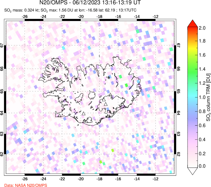 A sulfur dioxide image over Iceland on Jun 12, 2023.