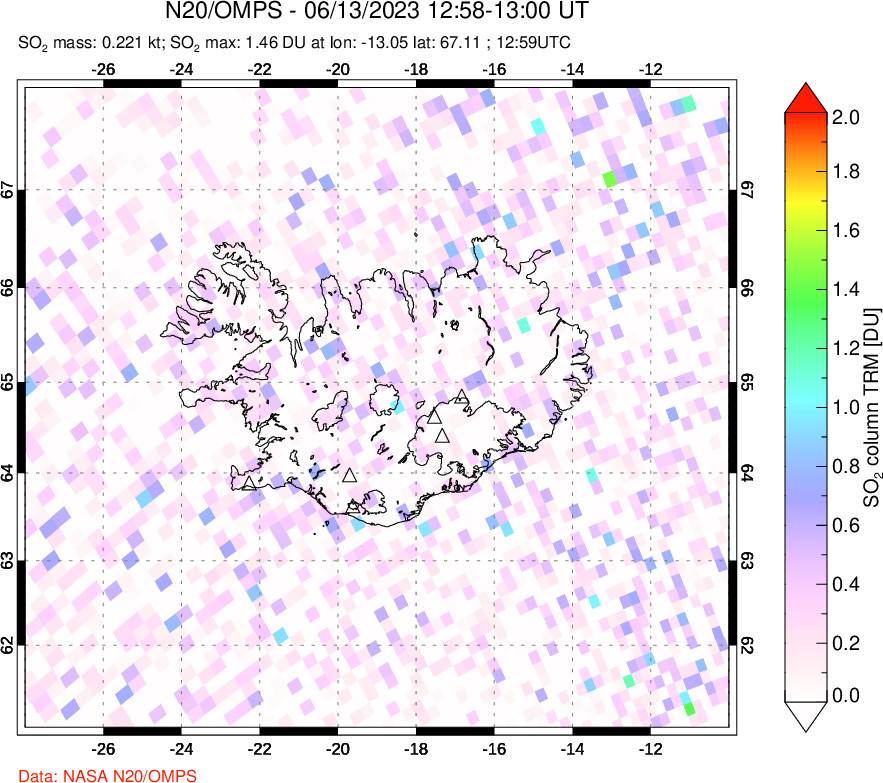 A sulfur dioxide image over Iceland on Jun 13, 2023.