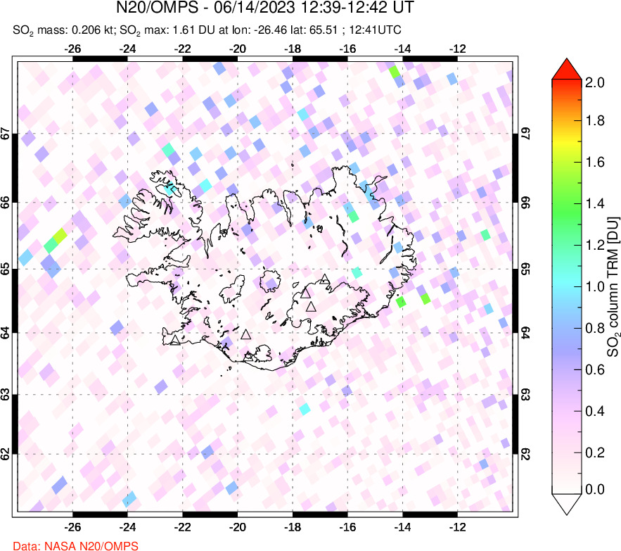 A sulfur dioxide image over Iceland on Jun 14, 2023.