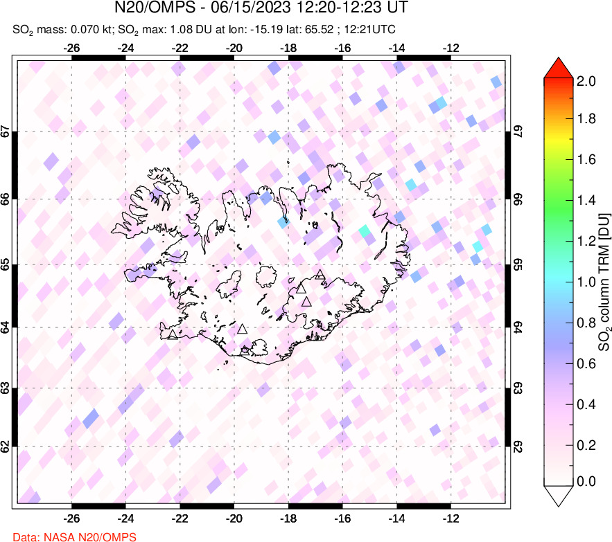 A sulfur dioxide image over Iceland on Jun 15, 2023.