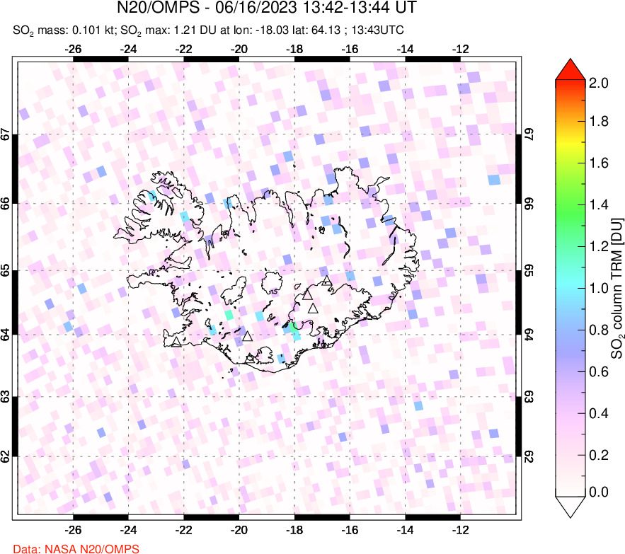 A sulfur dioxide image over Iceland on Jun 16, 2023.