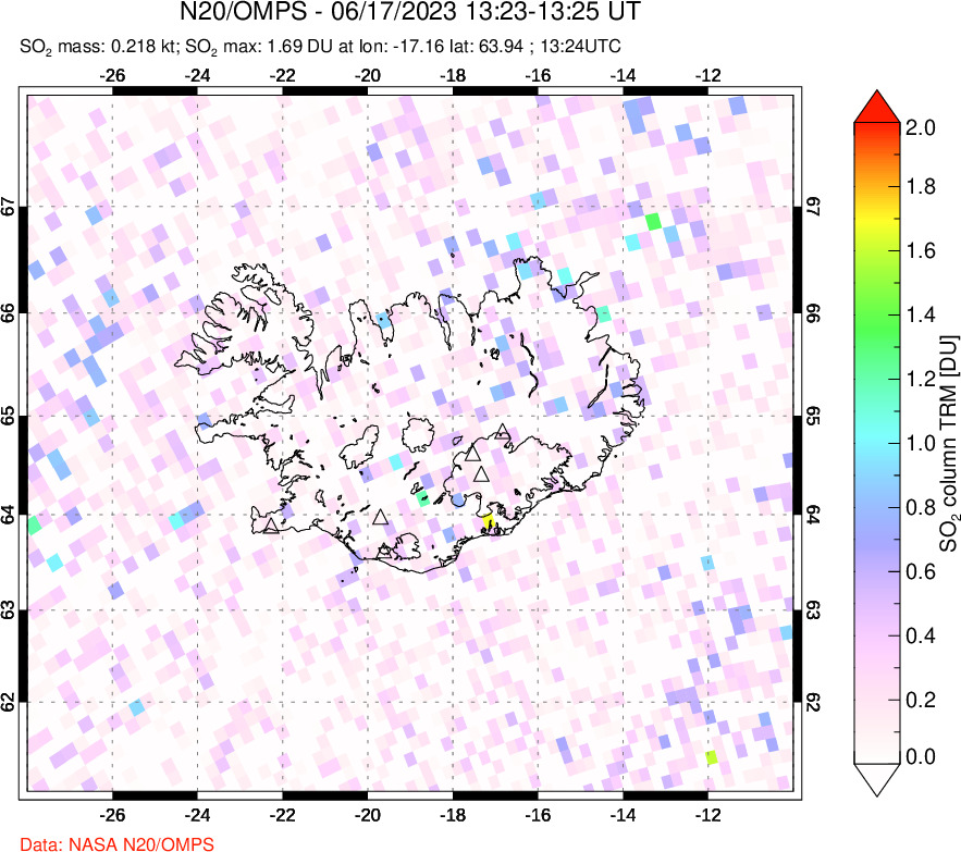 A sulfur dioxide image over Iceland on Jun 17, 2023.