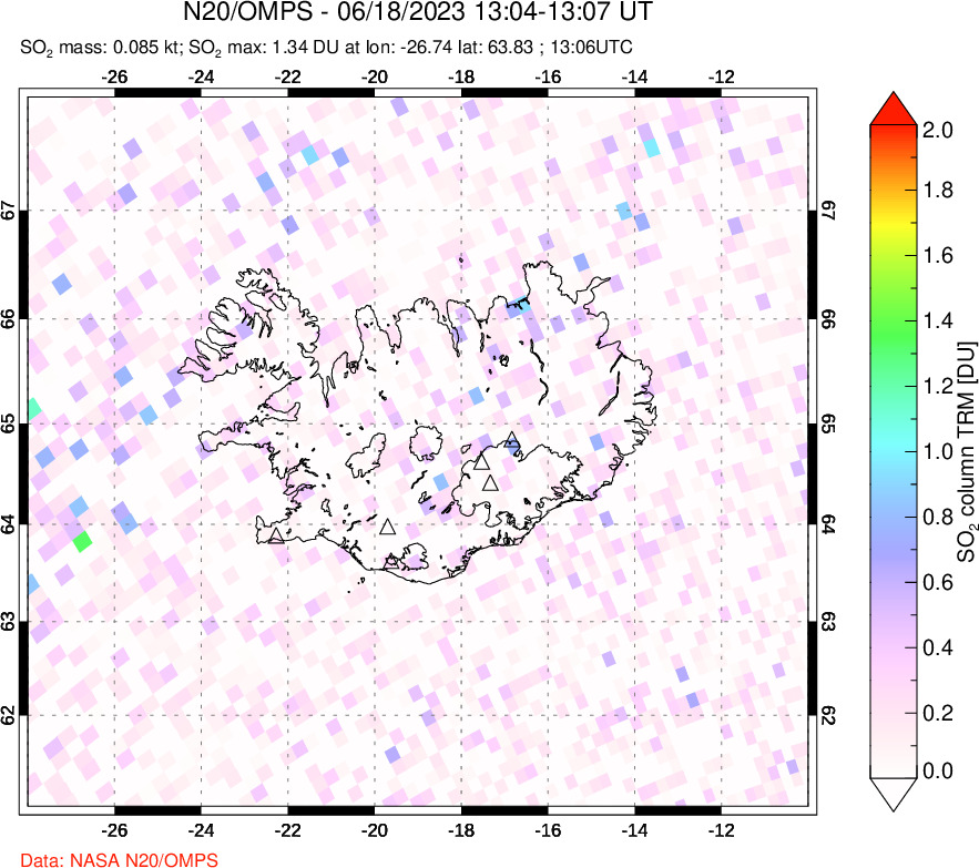 A sulfur dioxide image over Iceland on Jun 18, 2023.