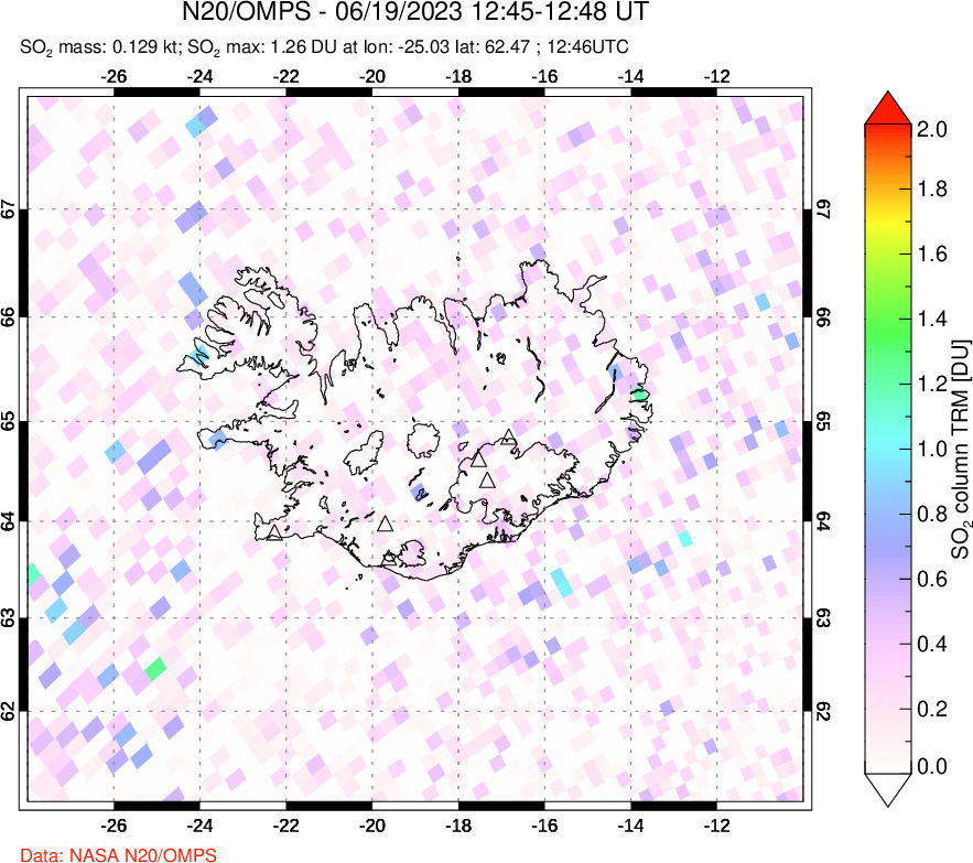 A sulfur dioxide image over Iceland on Jun 19, 2023.