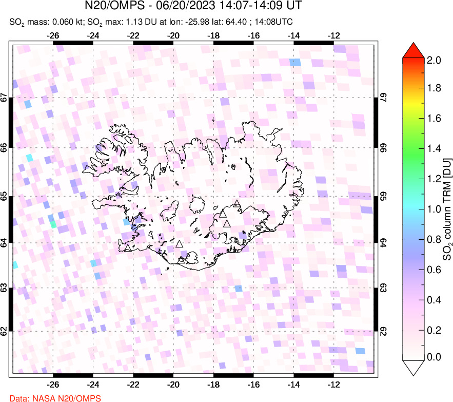 A sulfur dioxide image over Iceland on Jun 20, 2023.