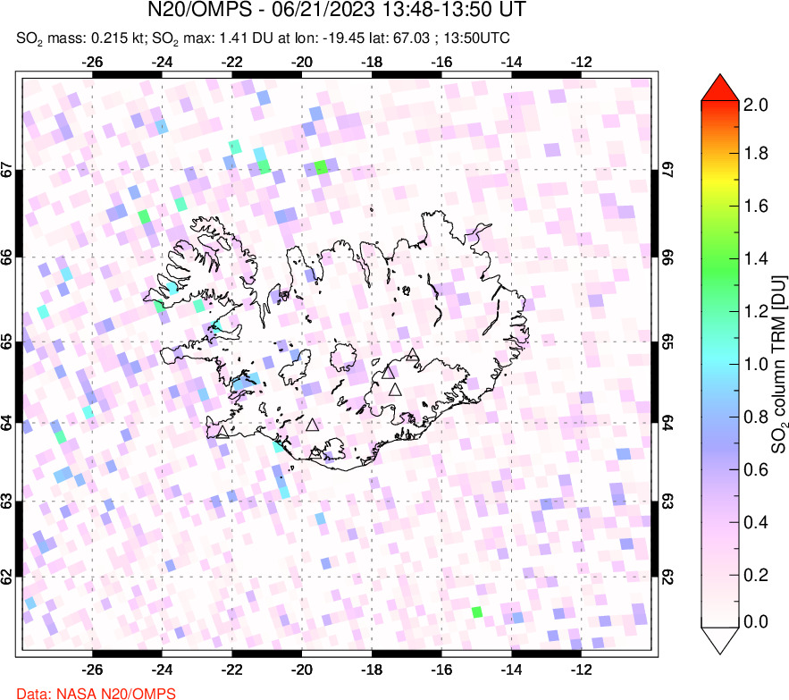 A sulfur dioxide image over Iceland on Jun 21, 2023.