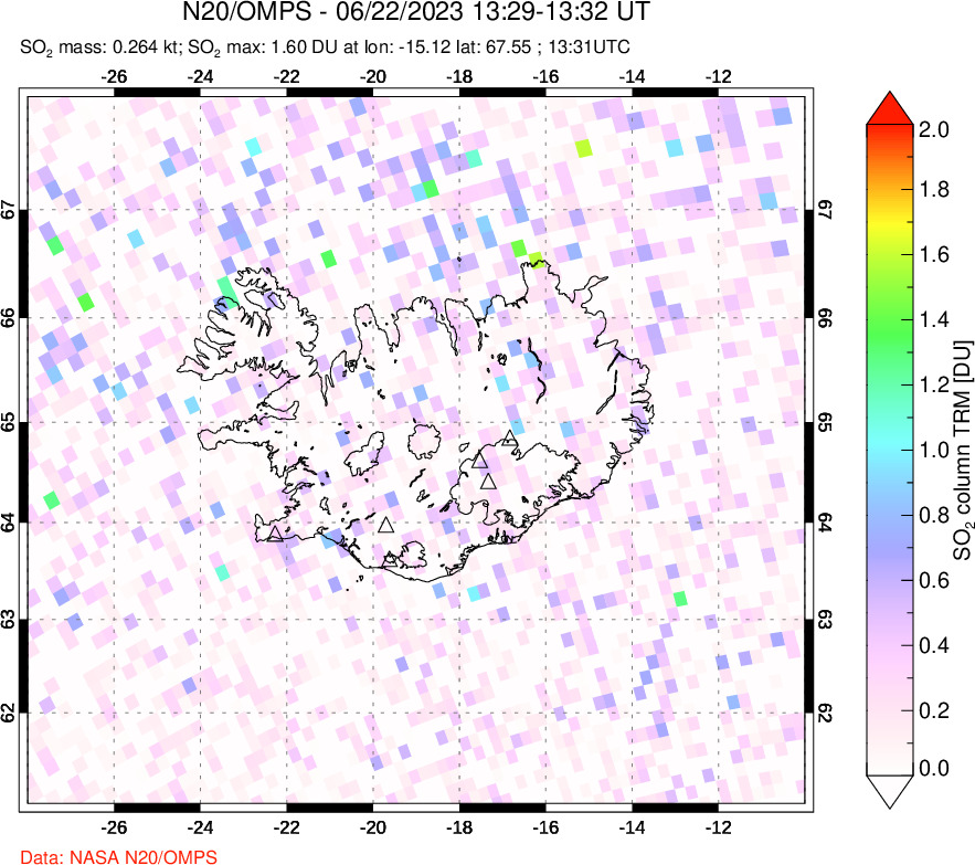 A sulfur dioxide image over Iceland on Jun 22, 2023.