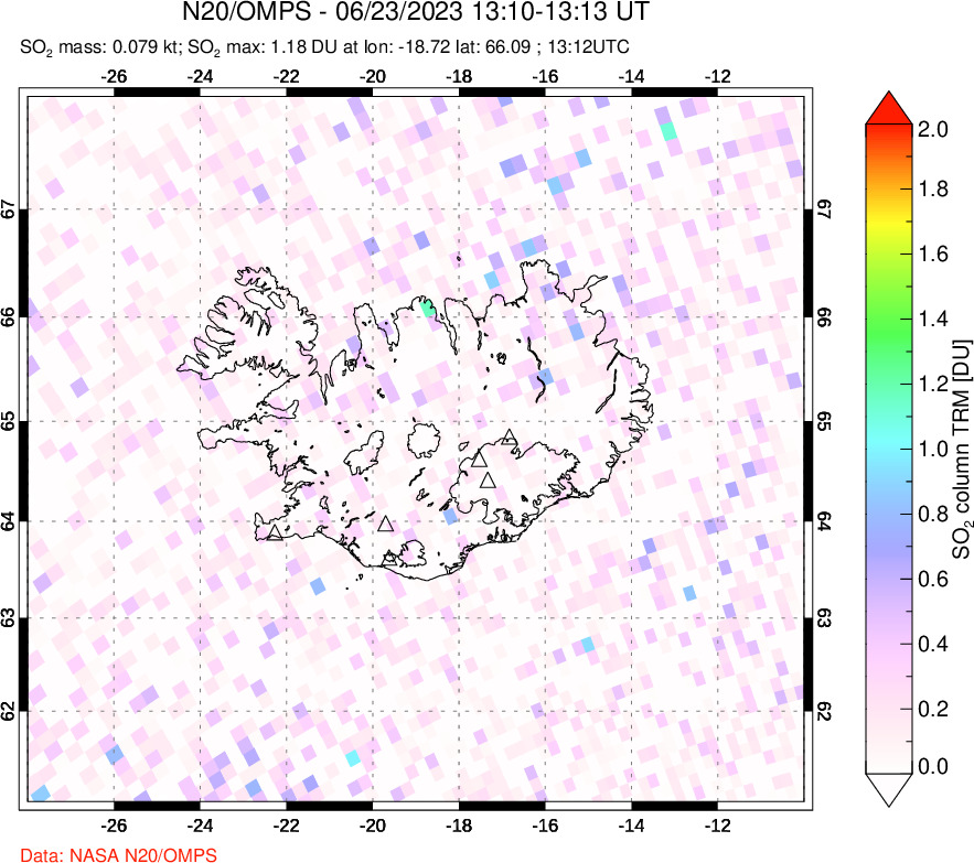 A sulfur dioxide image over Iceland on Jun 23, 2023.