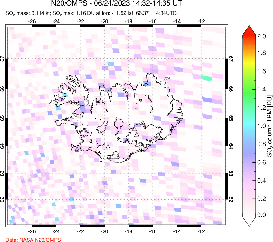 A sulfur dioxide image over Iceland on Jun 24, 2023.