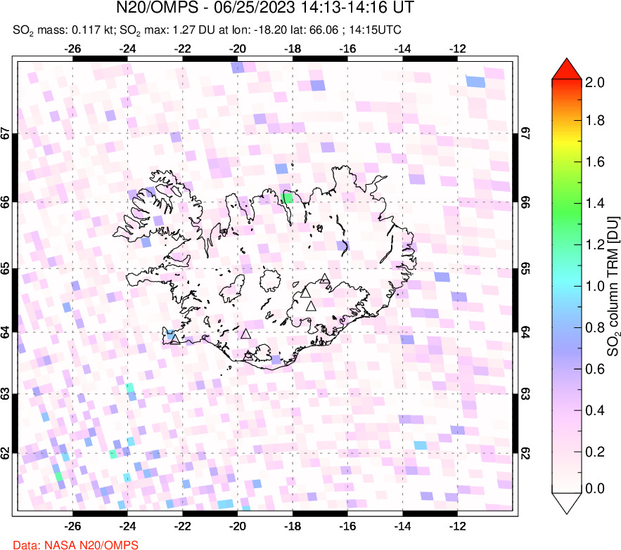 A sulfur dioxide image over Iceland on Jun 25, 2023.