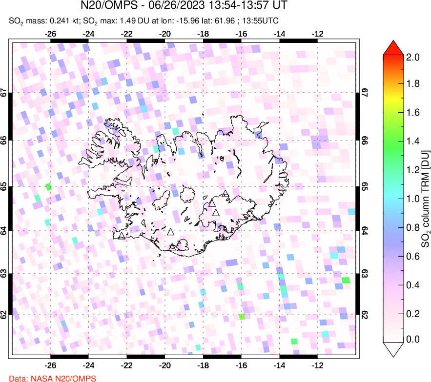 A sulfur dioxide image over Iceland on Jun 26, 2023.