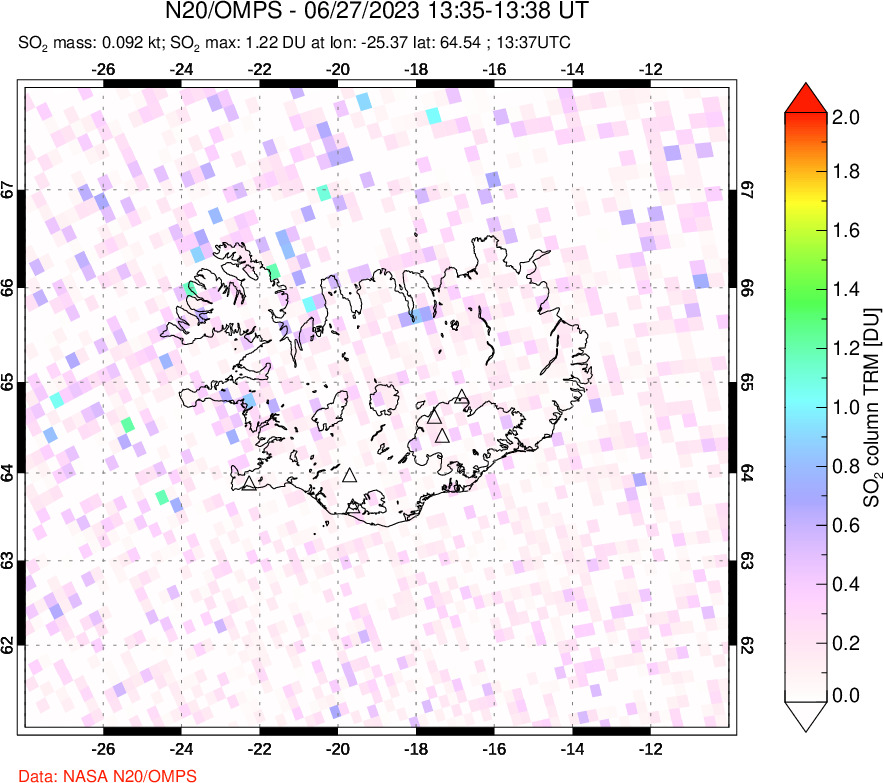 A sulfur dioxide image over Iceland on Jun 27, 2023.