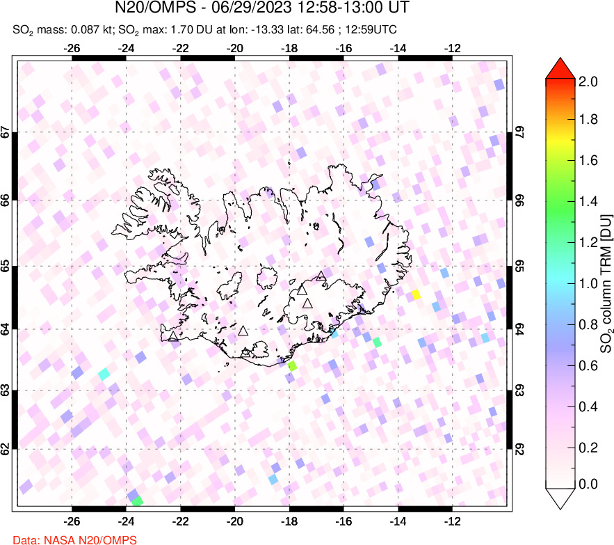 A sulfur dioxide image over Iceland on Jun 29, 2023.