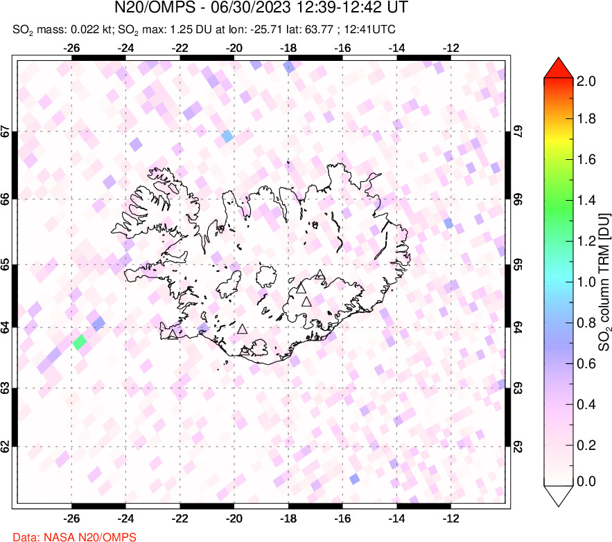 A sulfur dioxide image over Iceland on Jun 30, 2023.