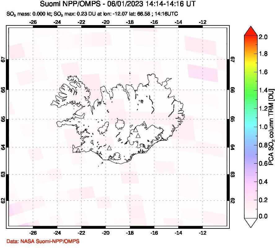 A sulfur dioxide image over Iceland on Jun 01, 2023.