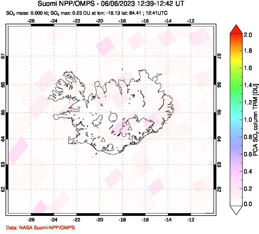 A sulfur dioxide image over Iceland on Jun 06, 2023.