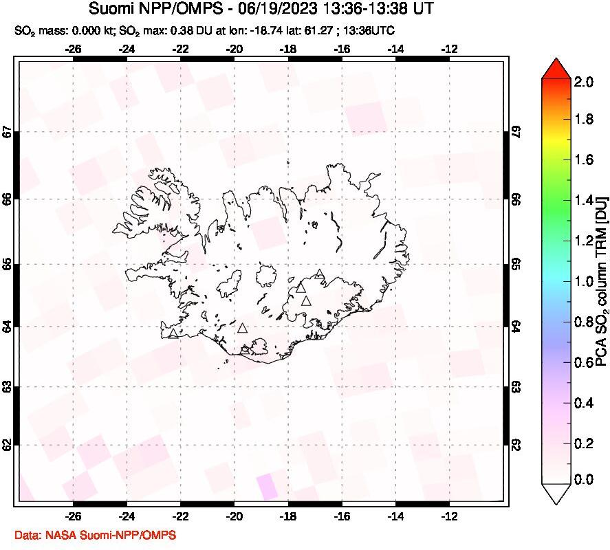 A sulfur dioxide image over Iceland on Jun 19, 2023.