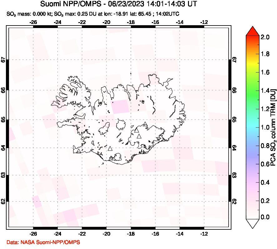 A sulfur dioxide image over Iceland on Jun 23, 2023.