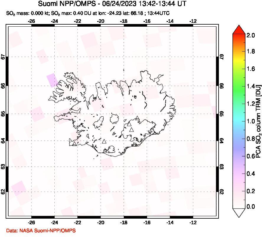 A sulfur dioxide image over Iceland on Jun 24, 2023.