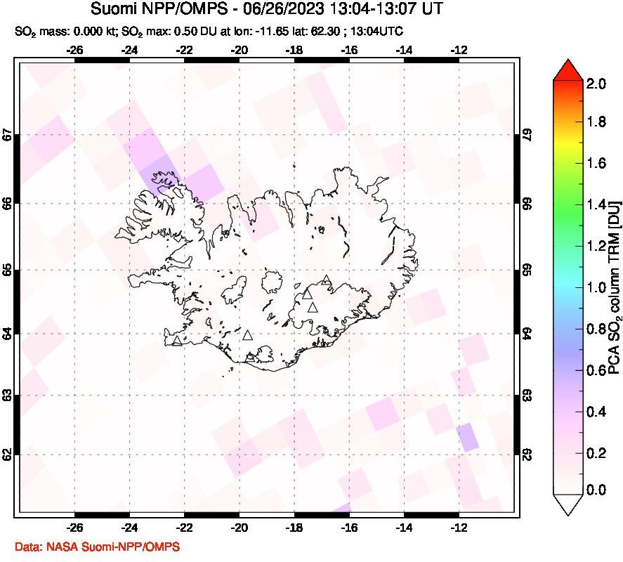 A sulfur dioxide image over Iceland on Jun 26, 2023.