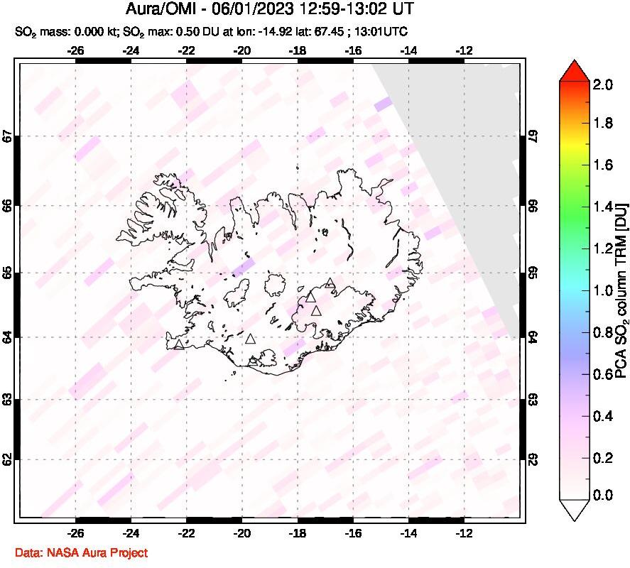 A sulfur dioxide image over Iceland on Jun 01, 2023.