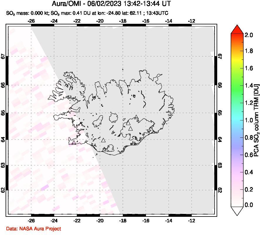 A sulfur dioxide image over Iceland on Jun 02, 2023.