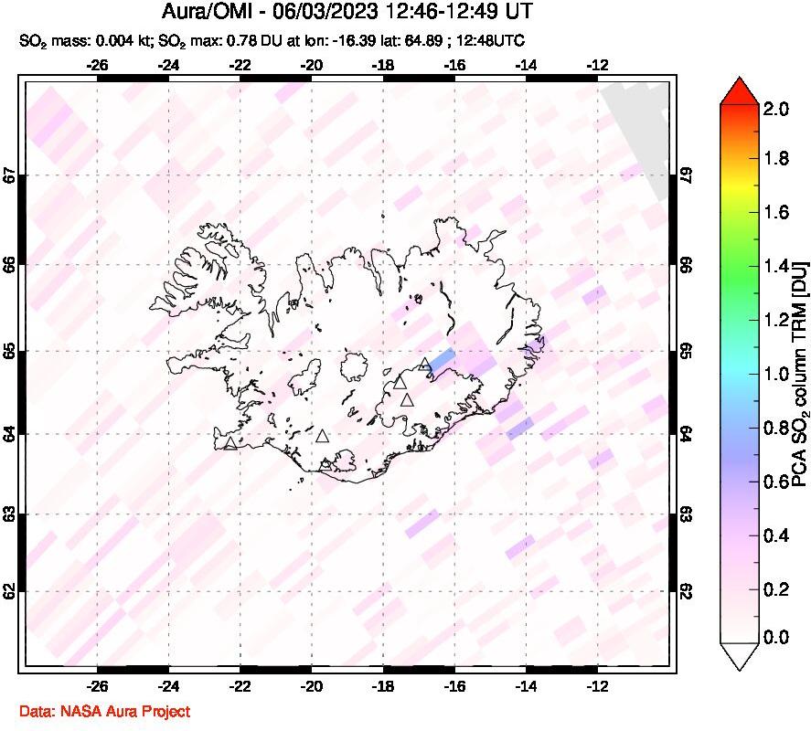 A sulfur dioxide image over Iceland on Jun 03, 2023.
