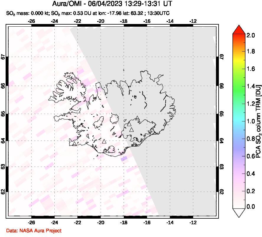 A sulfur dioxide image over Iceland on Jun 04, 2023.