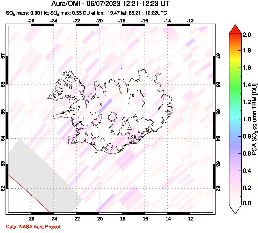 A sulfur dioxide image over Iceland on Jun 07, 2023.