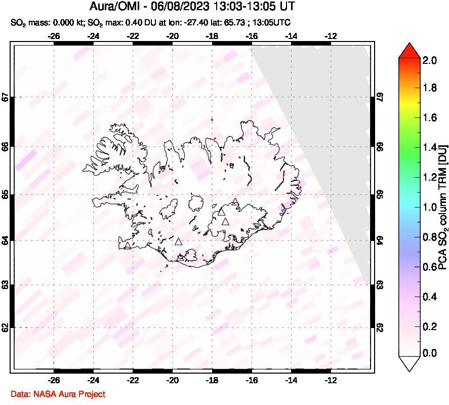A sulfur dioxide image over Iceland on Jun 08, 2023.