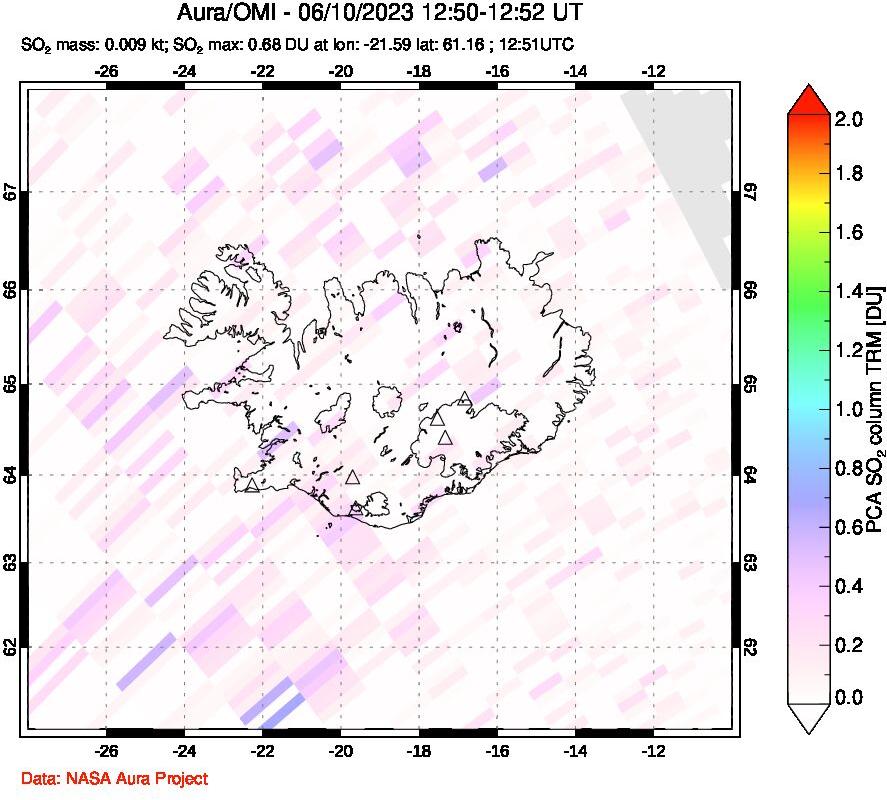 A sulfur dioxide image over Iceland on Jun 10, 2023.