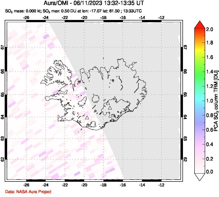 A sulfur dioxide image over Iceland on Jun 11, 2023.