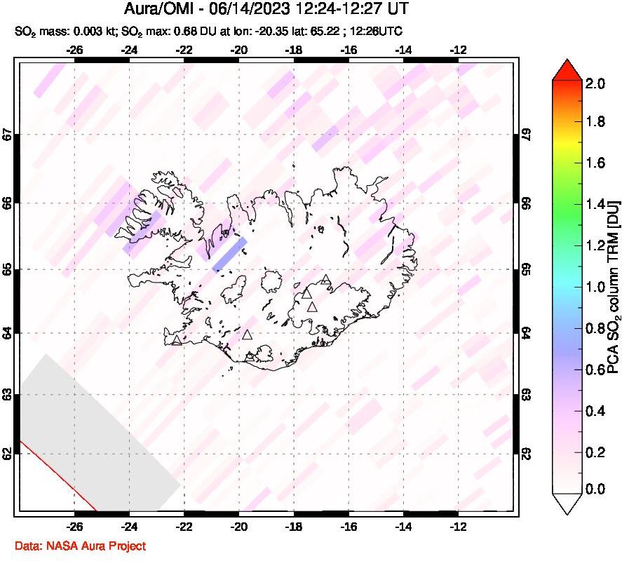 A sulfur dioxide image over Iceland on Jun 14, 2023.