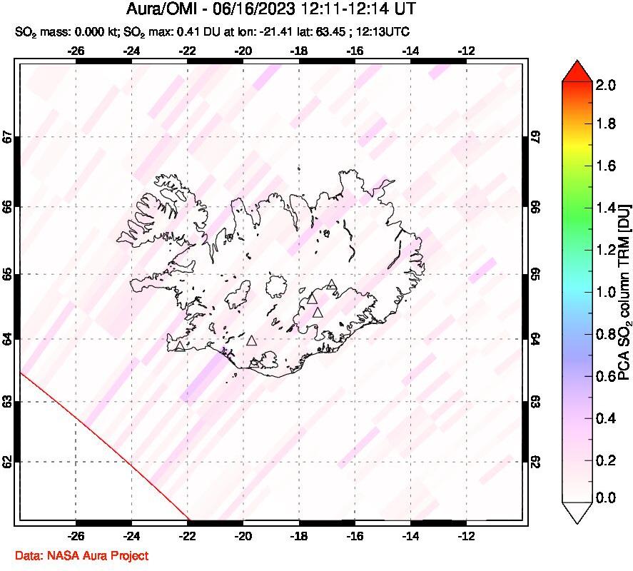 A sulfur dioxide image over Iceland on Jun 16, 2023.