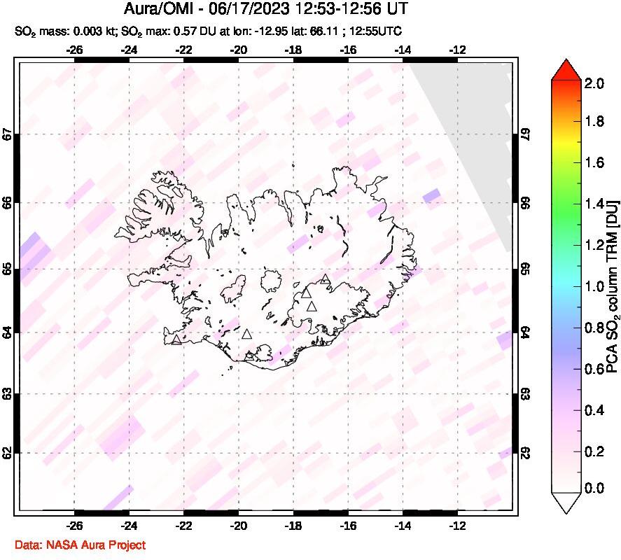 A sulfur dioxide image over Iceland on Jun 17, 2023.