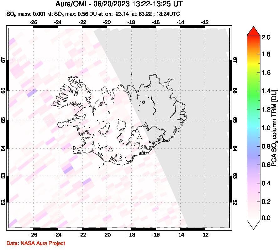 A sulfur dioxide image over Iceland on Jun 20, 2023.