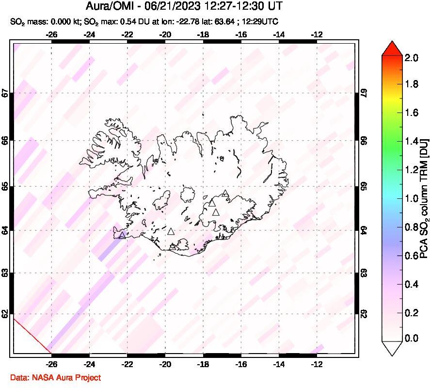 A sulfur dioxide image over Iceland on Jun 21, 2023.
