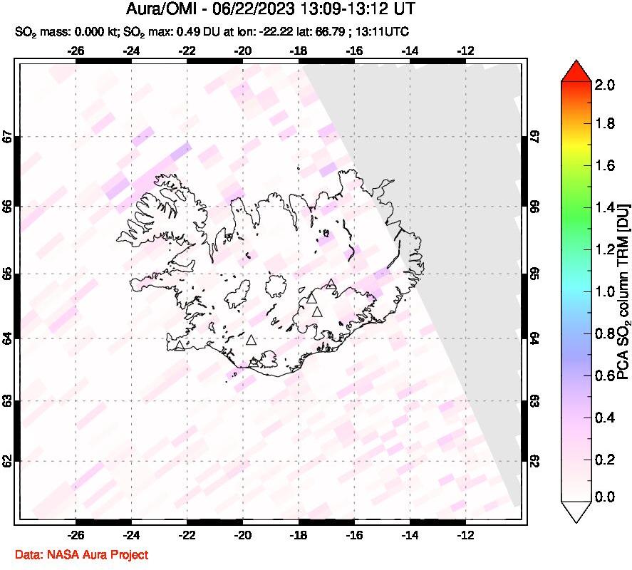 A sulfur dioxide image over Iceland on Jun 22, 2023.