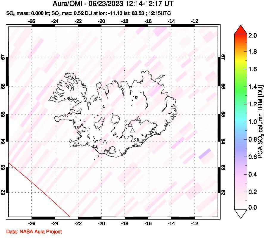 A sulfur dioxide image over Iceland on Jun 23, 2023.