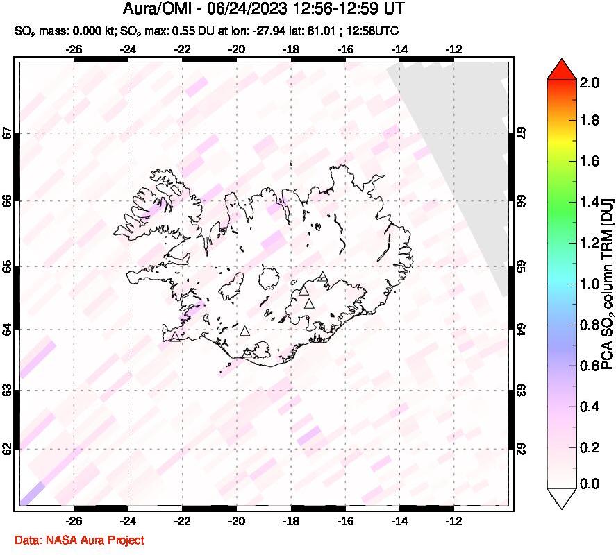 A sulfur dioxide image over Iceland on Jun 24, 2023.
