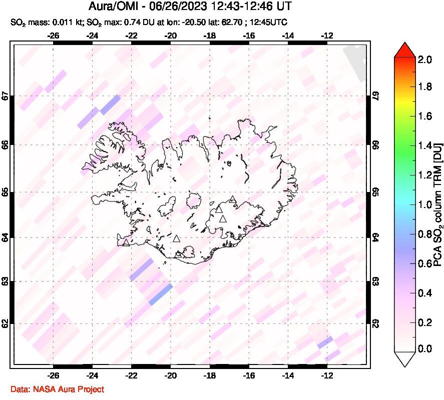 A sulfur dioxide image over Iceland on Jun 26, 2023.