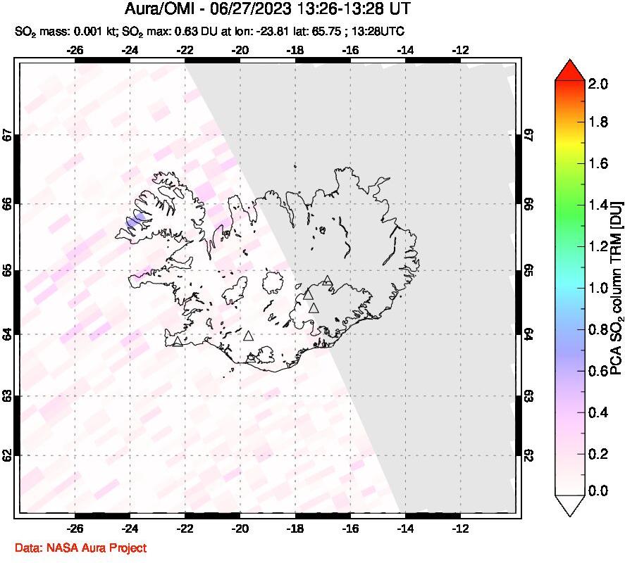 A sulfur dioxide image over Iceland on Jun 27, 2023.